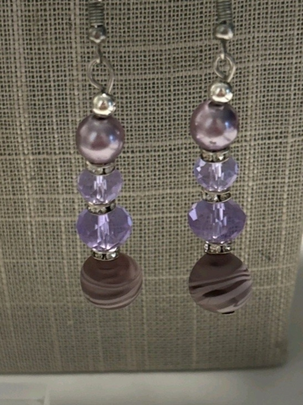 Purple Glass Crystal & Faux Pearl Dangle Earrings Pierced